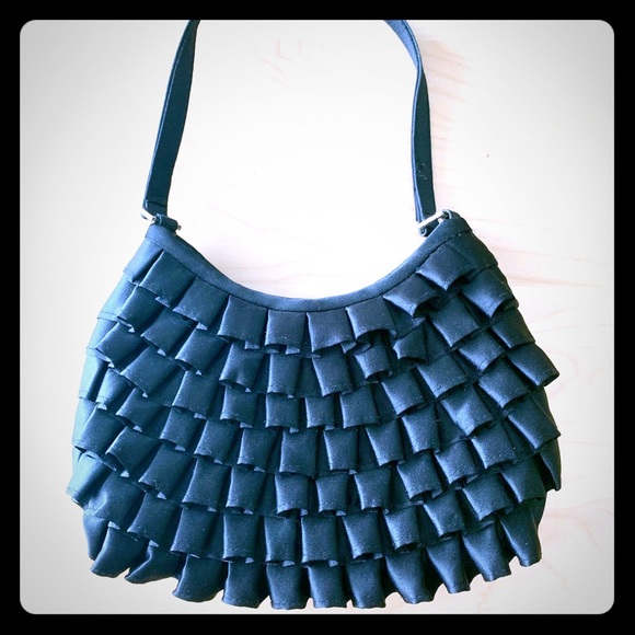2/$20 Vintage Black Satin Mini Ruffle Purse - Picture 1 of 10